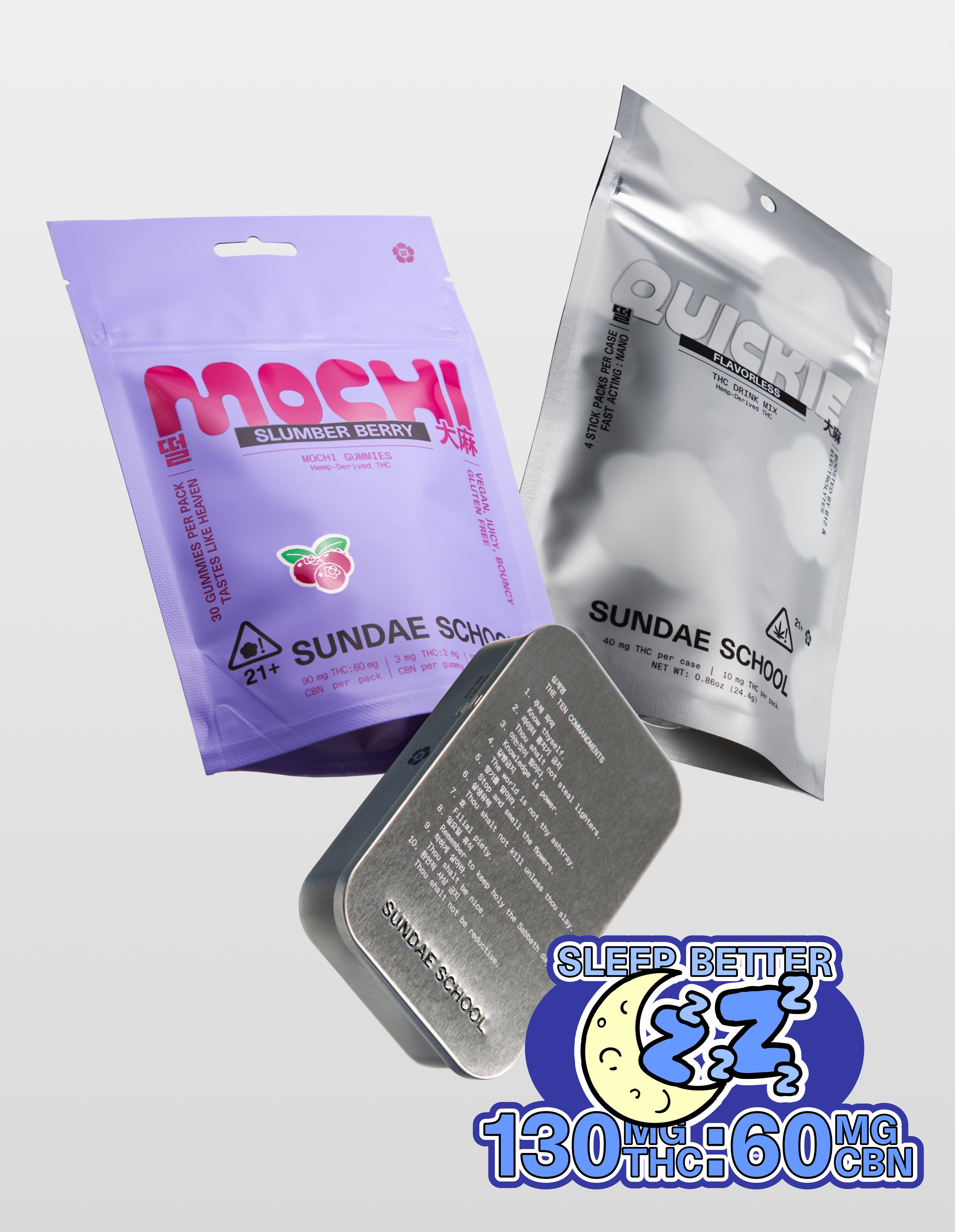 Sundae School Flavorless Quickie 4-Pack packaging, Slumber Berry Mochi Value Pack, and Mochi Tin on a white background along with a 