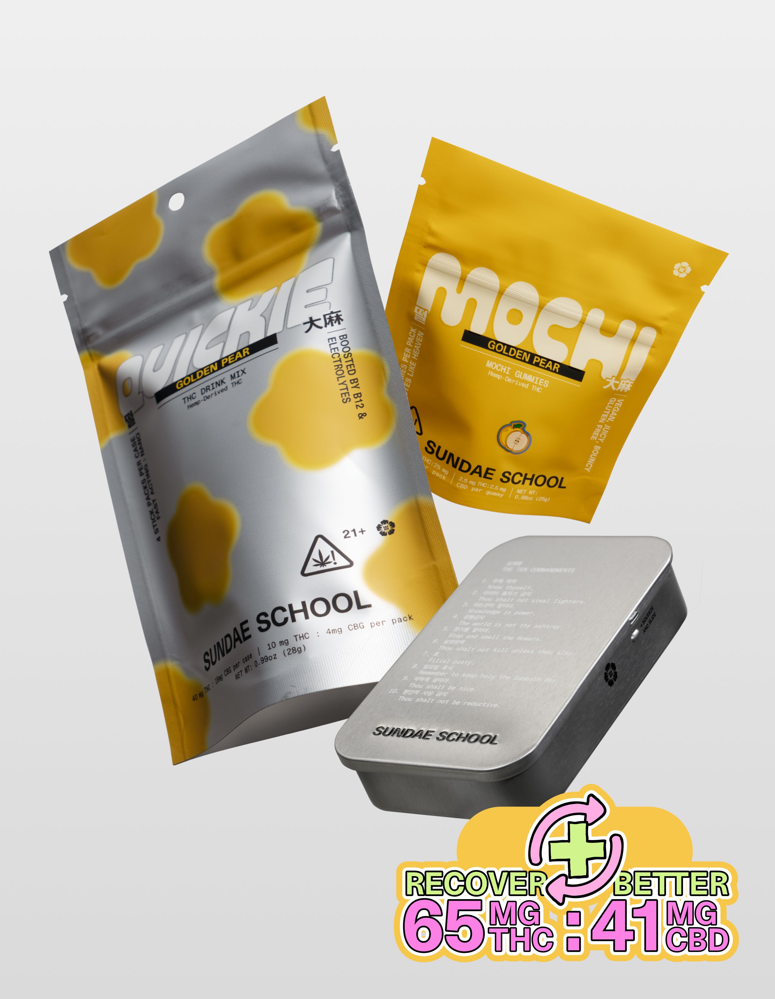 Sundae School Golden Pear Quickie 4-Pack packaging, Golden Pear Mochi Mini Pack, and Mochi Tin on a white background along with a 