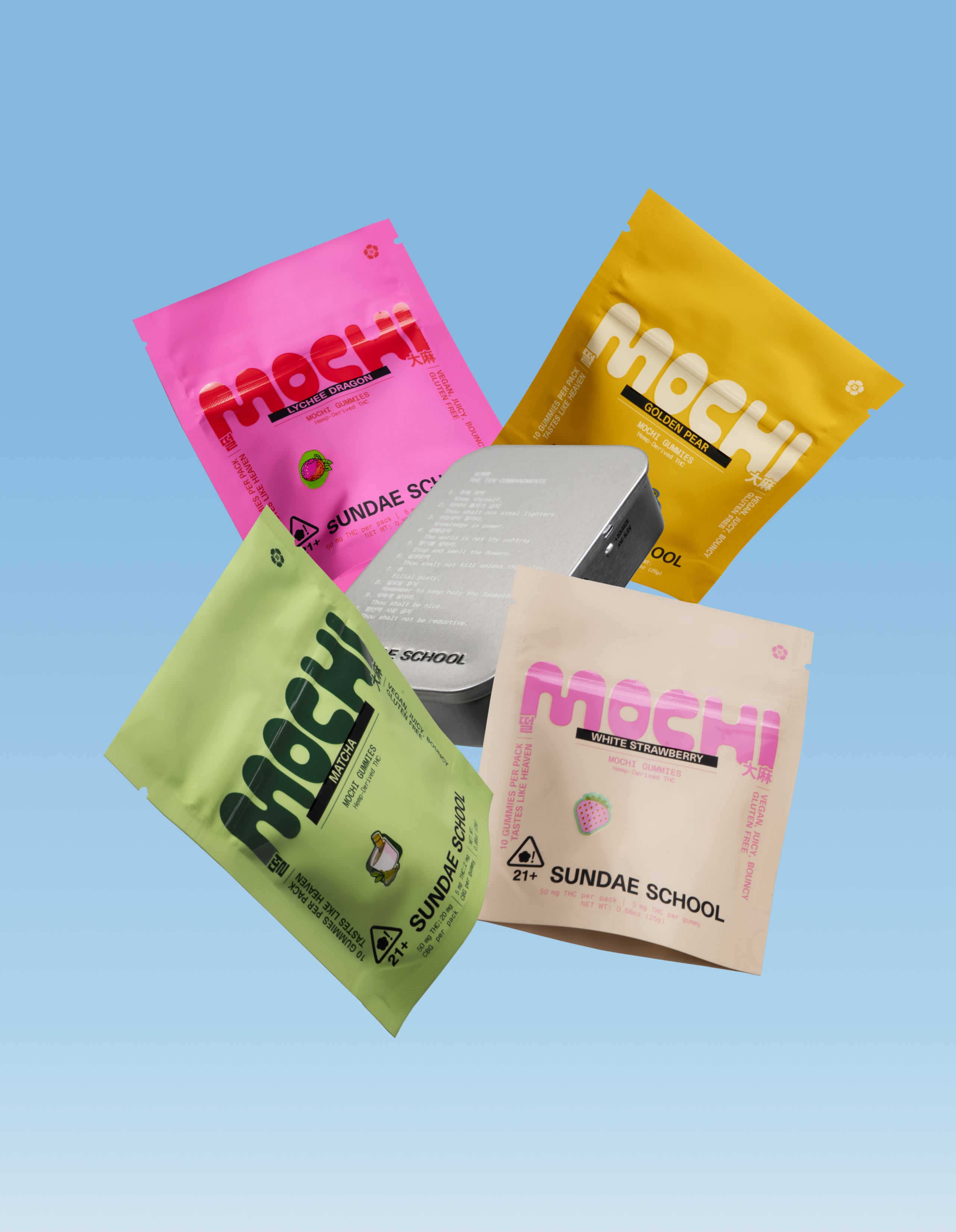 Sundae School 5mg packagings of Matcha, White Strawberry, Golden Pear, Lychee Dragon, and a mochi tin against a blue gradient background